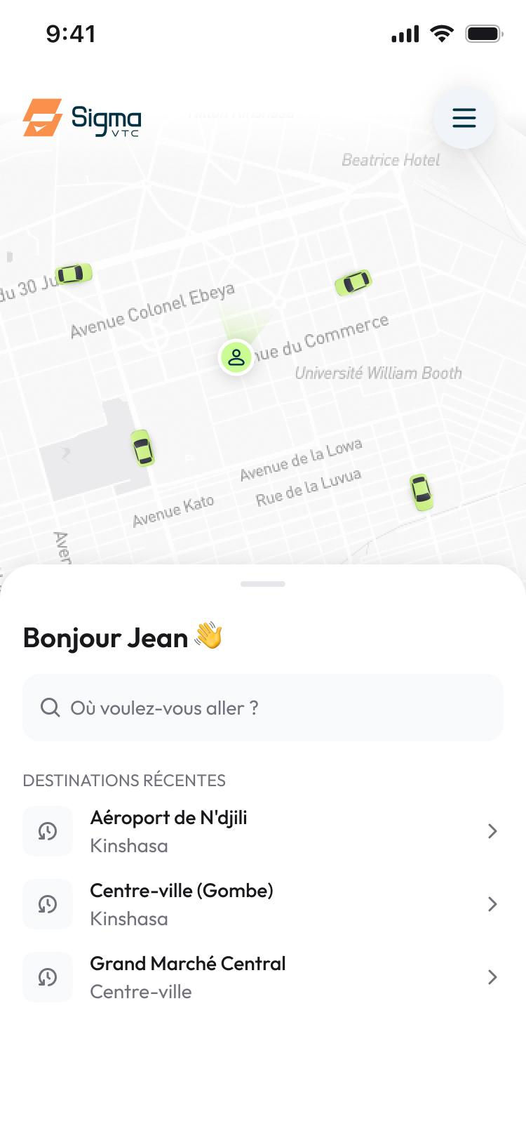 Sigma VTC home screen showing map and booking interface